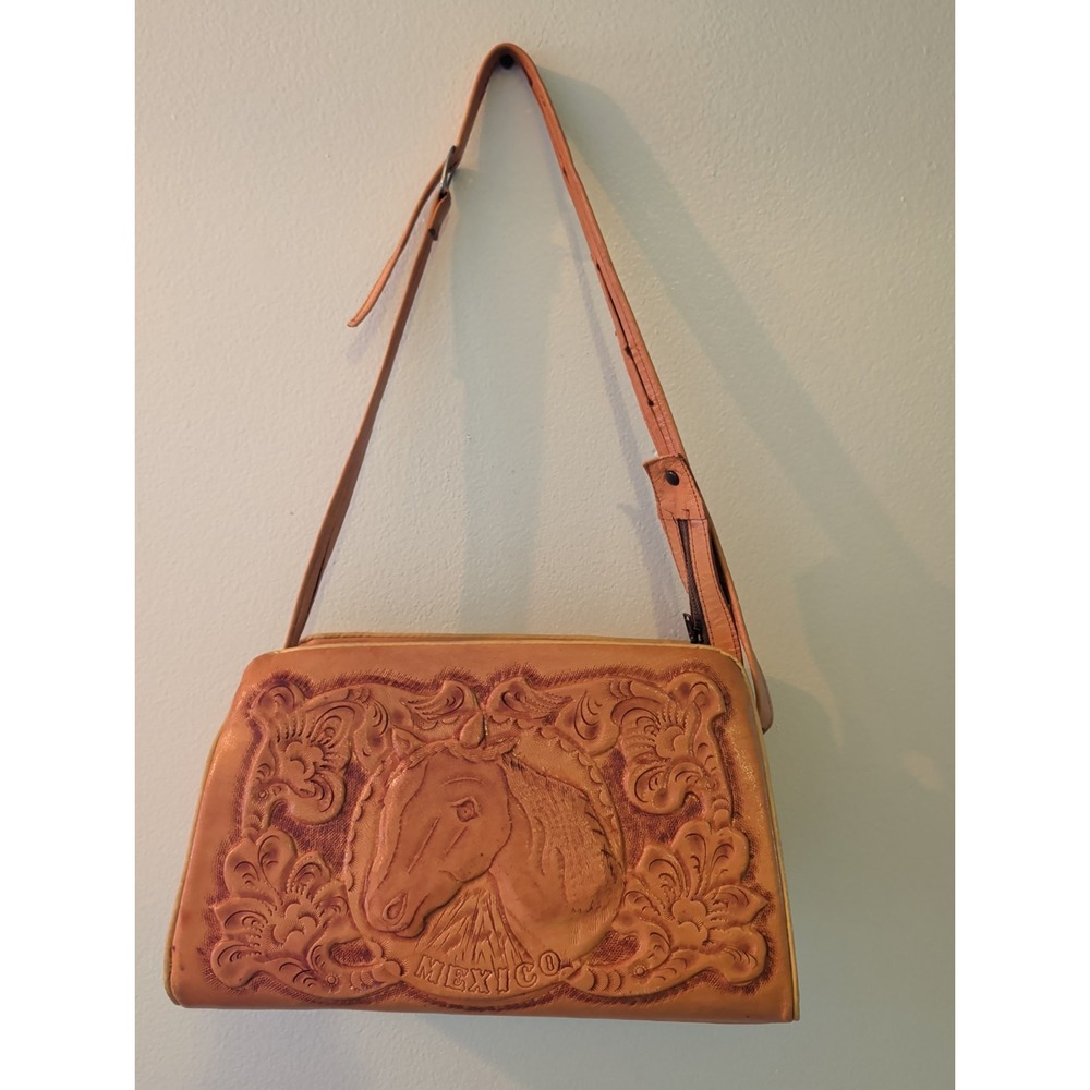 Vintage Western Horse Head Hand Tooled Golden Leather Bag.Lopez.Mexico 7 Pockets